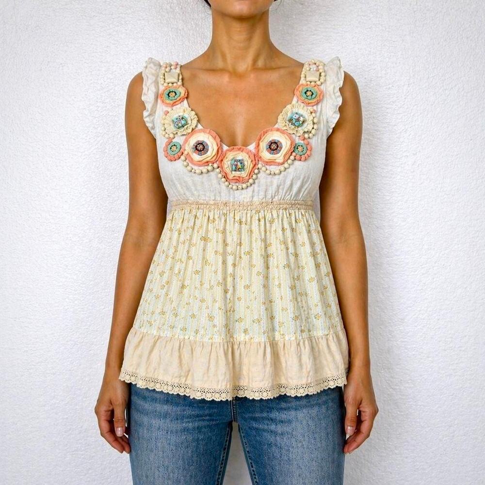 Vintage Y2K Cream Floral Applique Babydoll Boho Tank Top Size XS/S